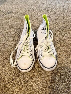 Unisex White Leather High-Top Converse Sneakers with Neon Lime Lining
